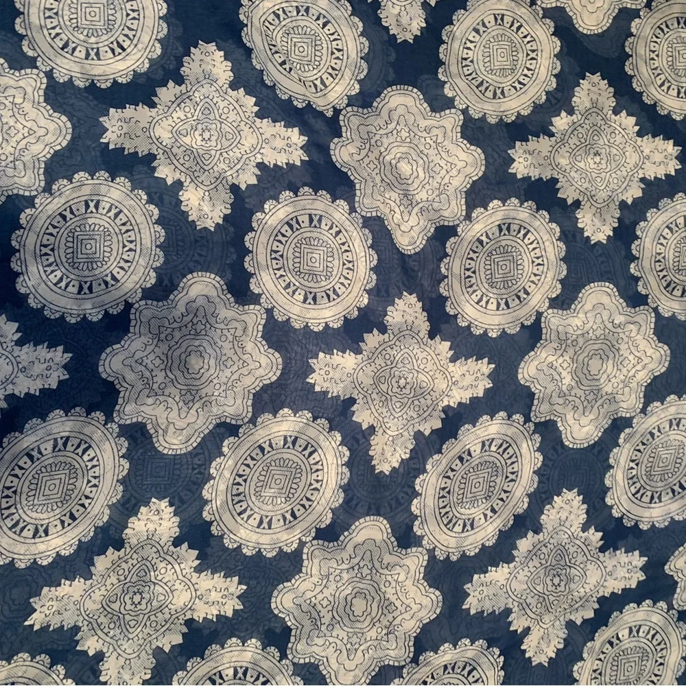 Silk Medallion Scarf Shawl Patriotic 4th of July Viscose Blue and White